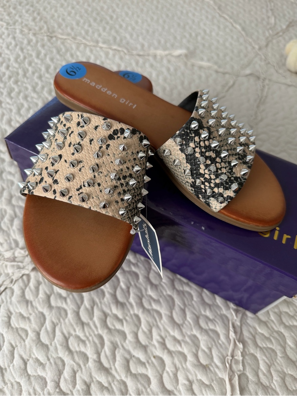 Madden Girl Beige and Black Studded Snake-Print Slide Sandals